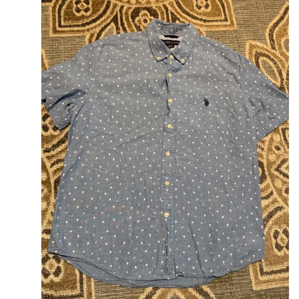 US Polo Assn Mens Large Blue Nautical Anchor Palm Tree Short Sleeve Button Down
